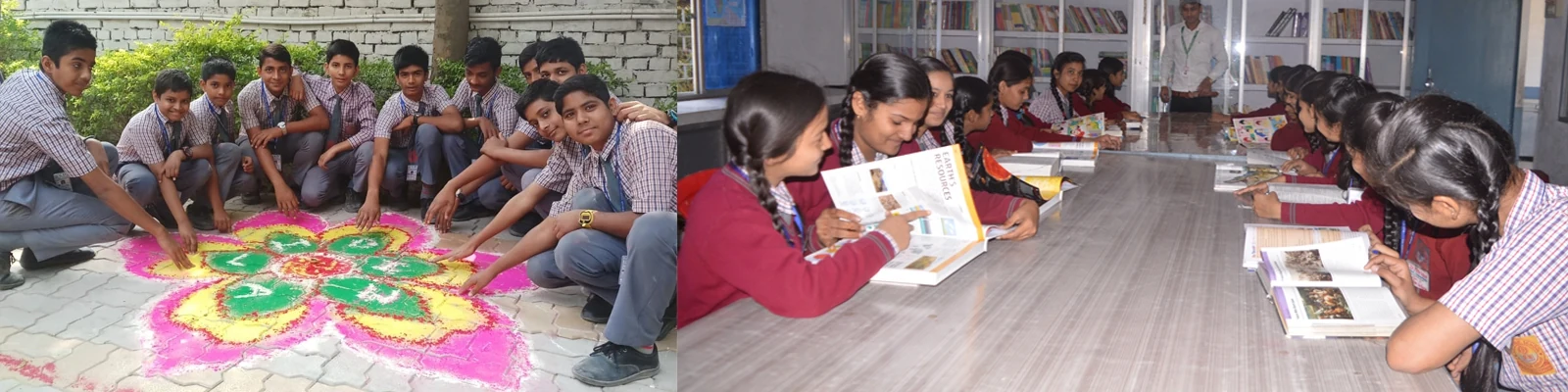 Students creating rangoli artwork and reading in the library