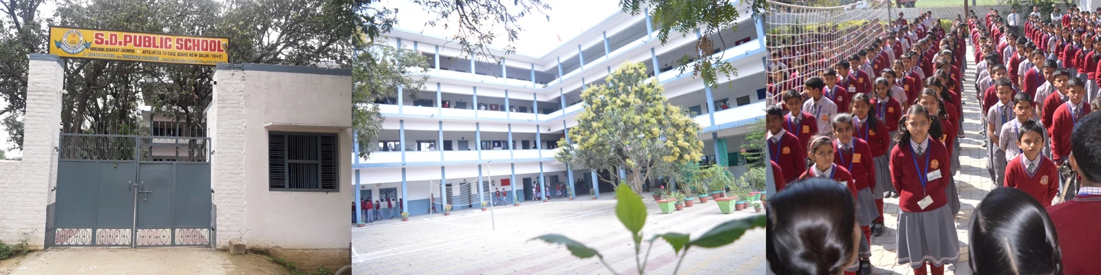 School entrance, campus courtyard and students